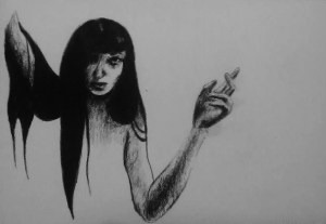 Charcoal Drawing Rebecca Deegan Spooky Hand Long Hair Self Portrait Creepy